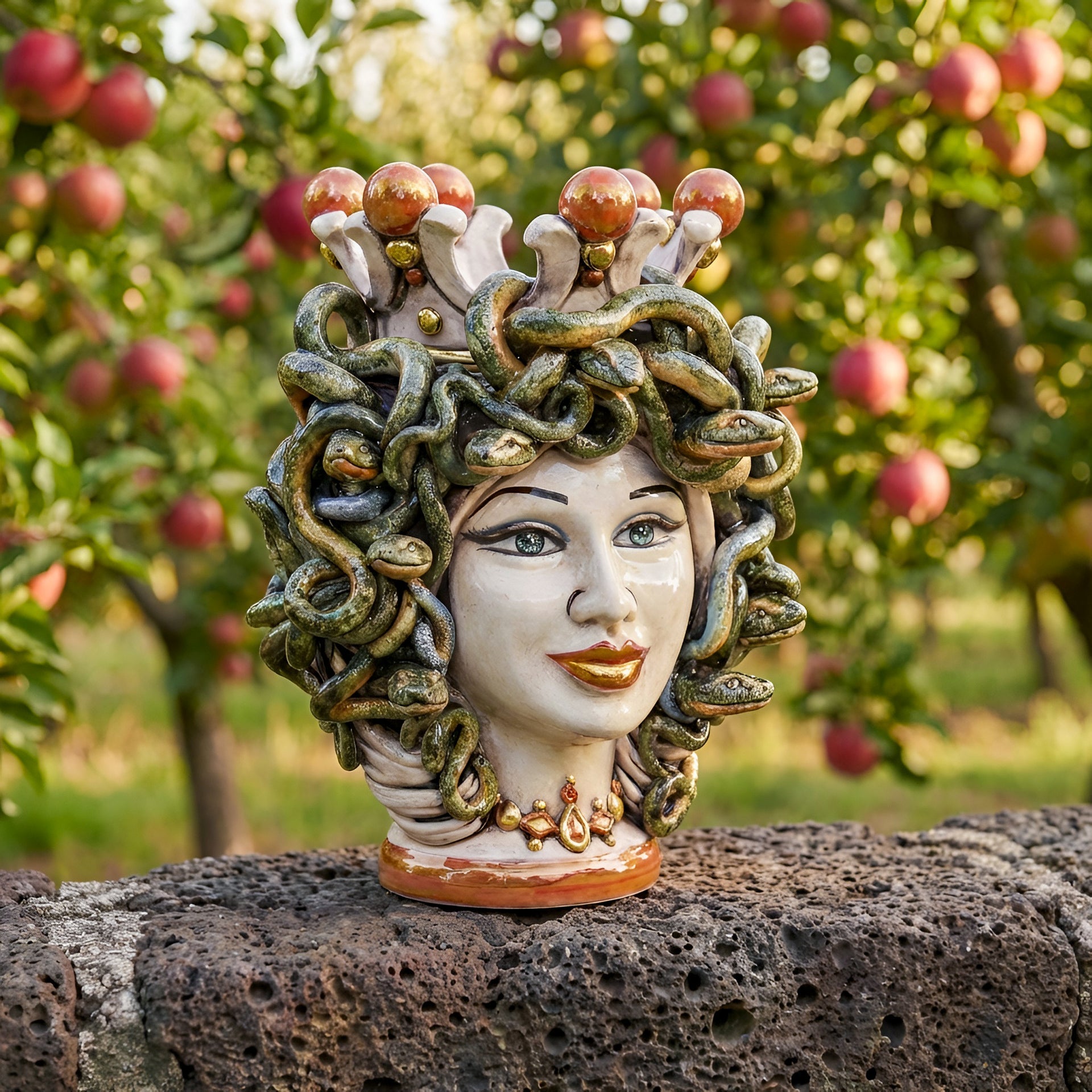 Handcrafted Medusa Testa di Moro sculpture with snake hair, crown, and gold accents, set outdoors