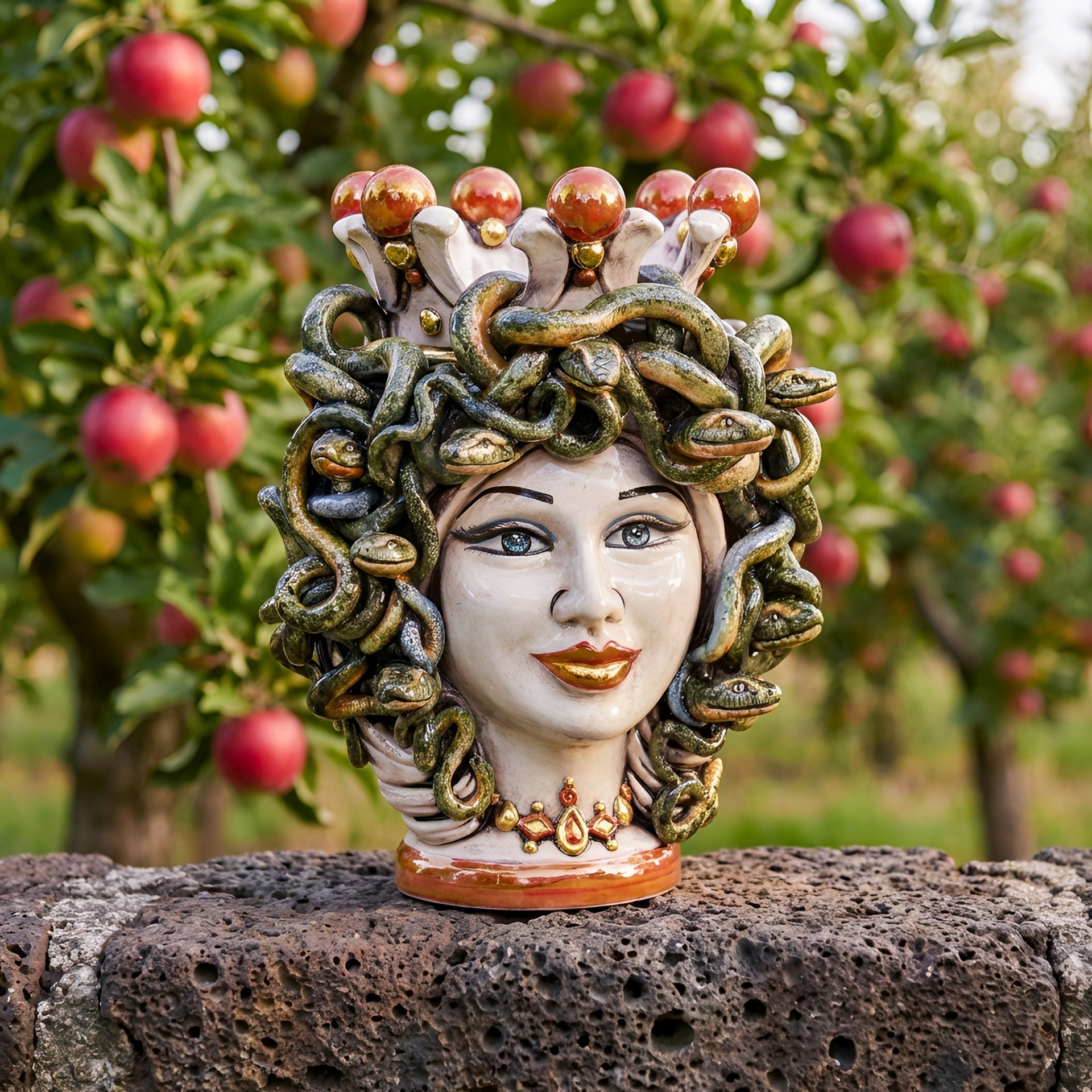 Handcrafted Medusa Testa di Moro sculpture with snake hair, crown, and gold accents, set outdoors