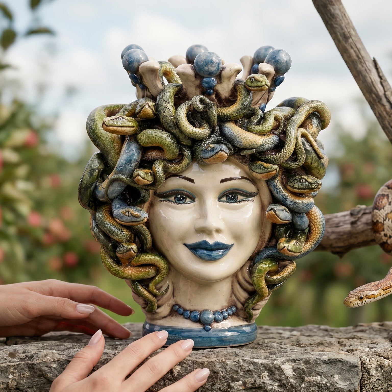 Handcrafted Medusa head sculpture with snake hair, blue accents, and elegant design for home decor