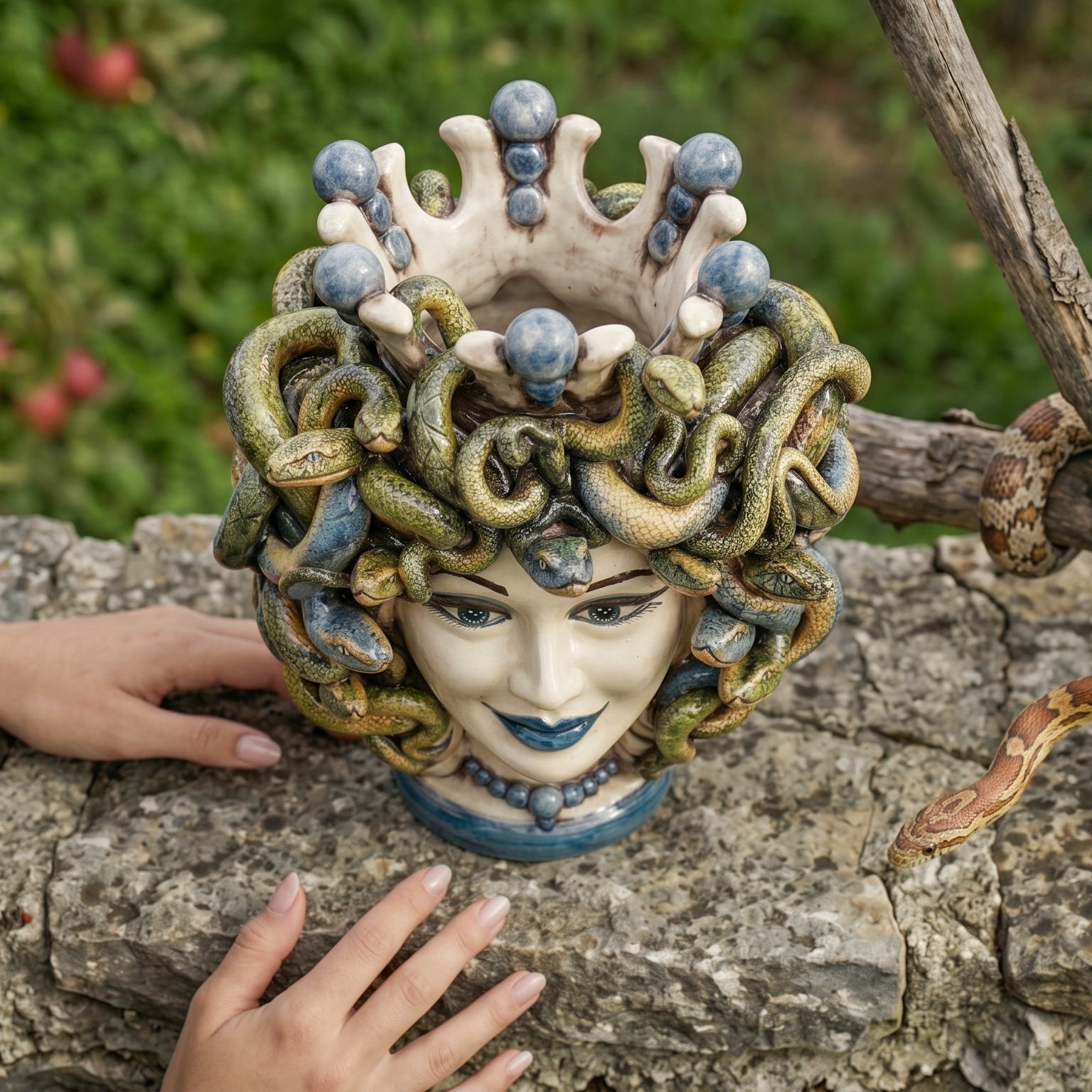 Handmade Medusa Testa di Moro ceramic vase with snakes, blue accents, and crown, displayed outdoors on stone.