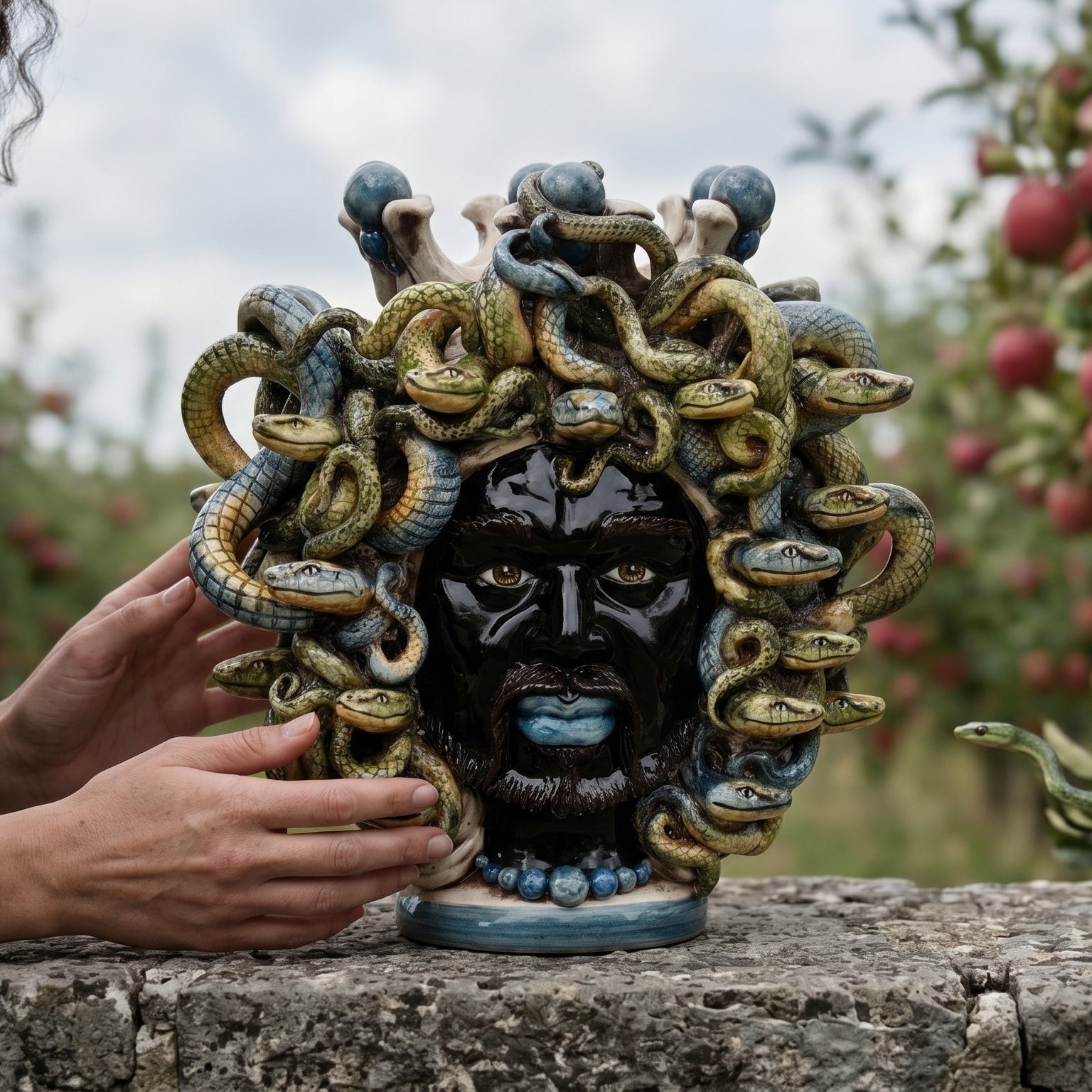 Handcrafted Teste di Moro sculpture with snake-adorned head, showcasing Sicilian artistry and bold design