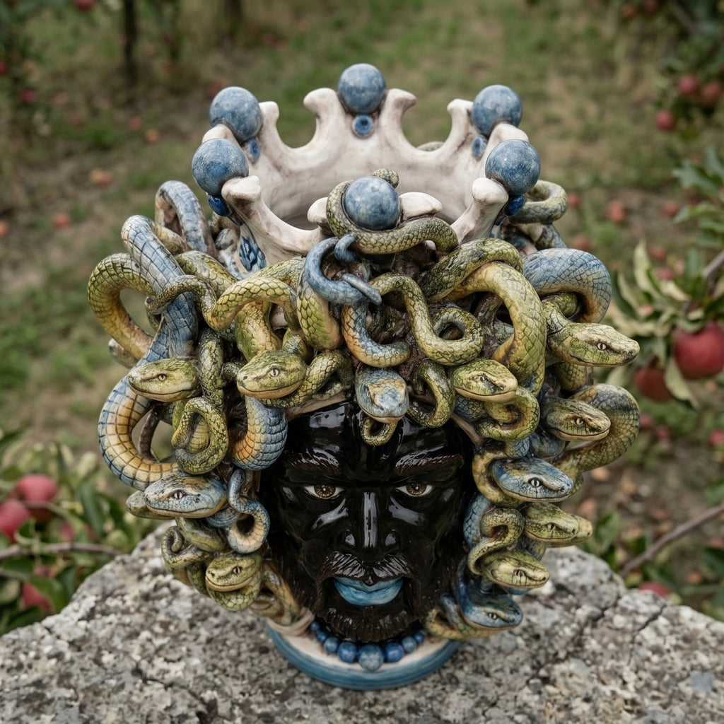Handmade Teste di Moro ceramic vase with Medusa snake hair, blue accents, outdoor garden decor