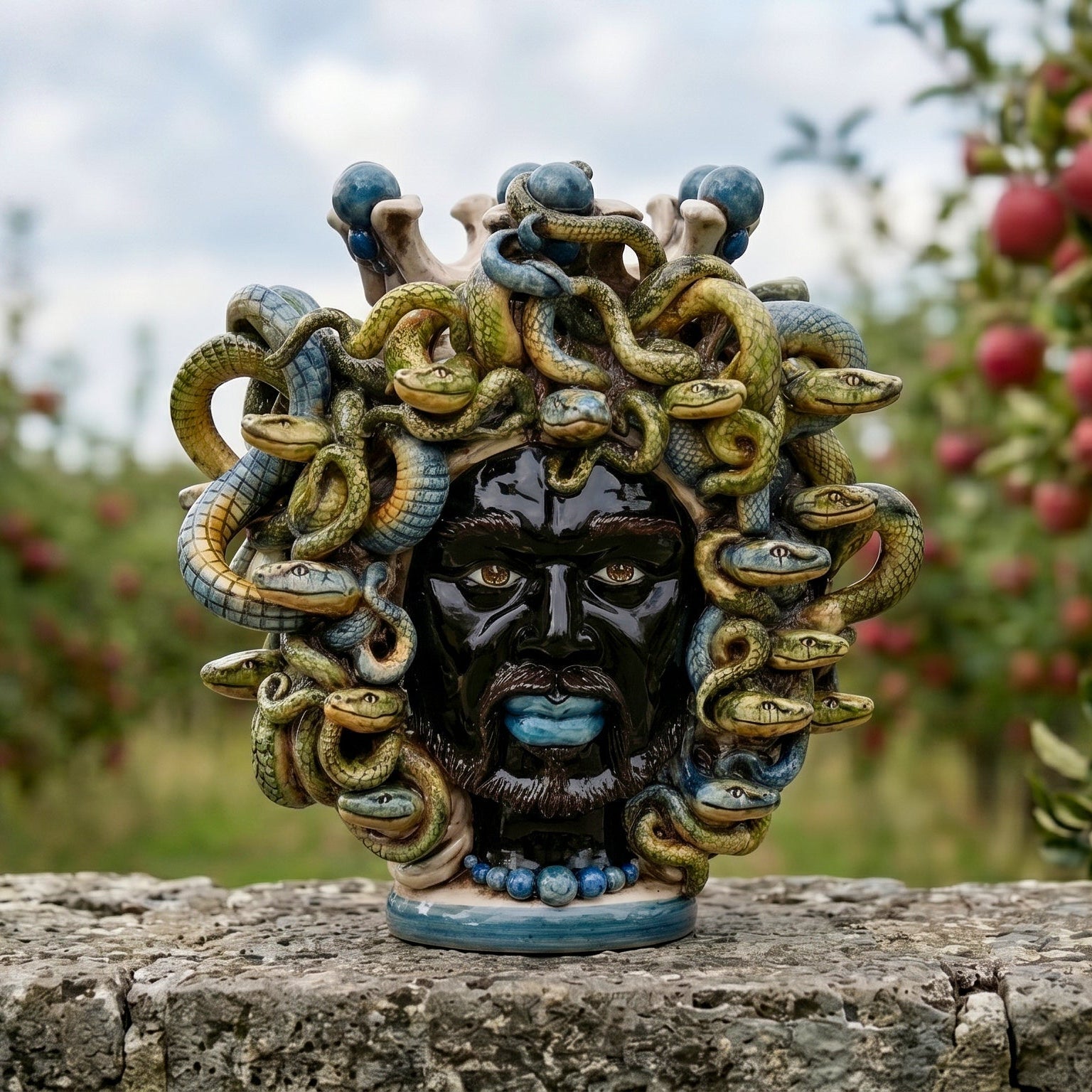 Handcrafted Teste di Moro sculpture with snake-adorned head, glazed ceramic, outdoor garden decor