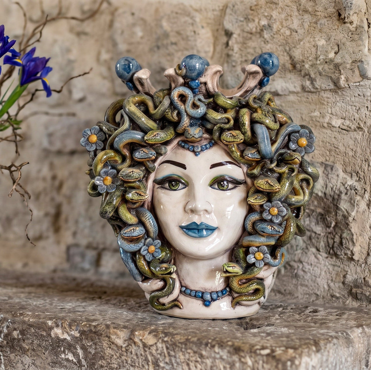 Testa di Moro Medusa h 38 cm / 15", Antique Mother of Pearl, Blue Beads | Caltagirone Ceramics