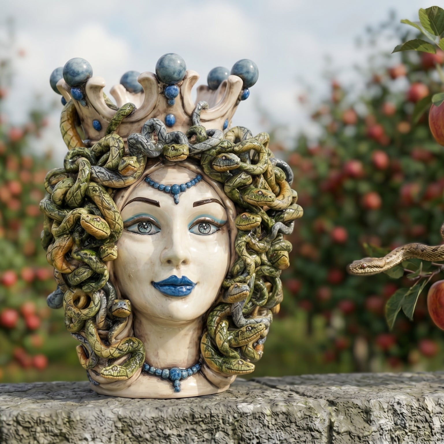 Medusa Head h 38 cm — Antique Mother-of-Pearl, Blue Beads | Caltagirone Ceramics
