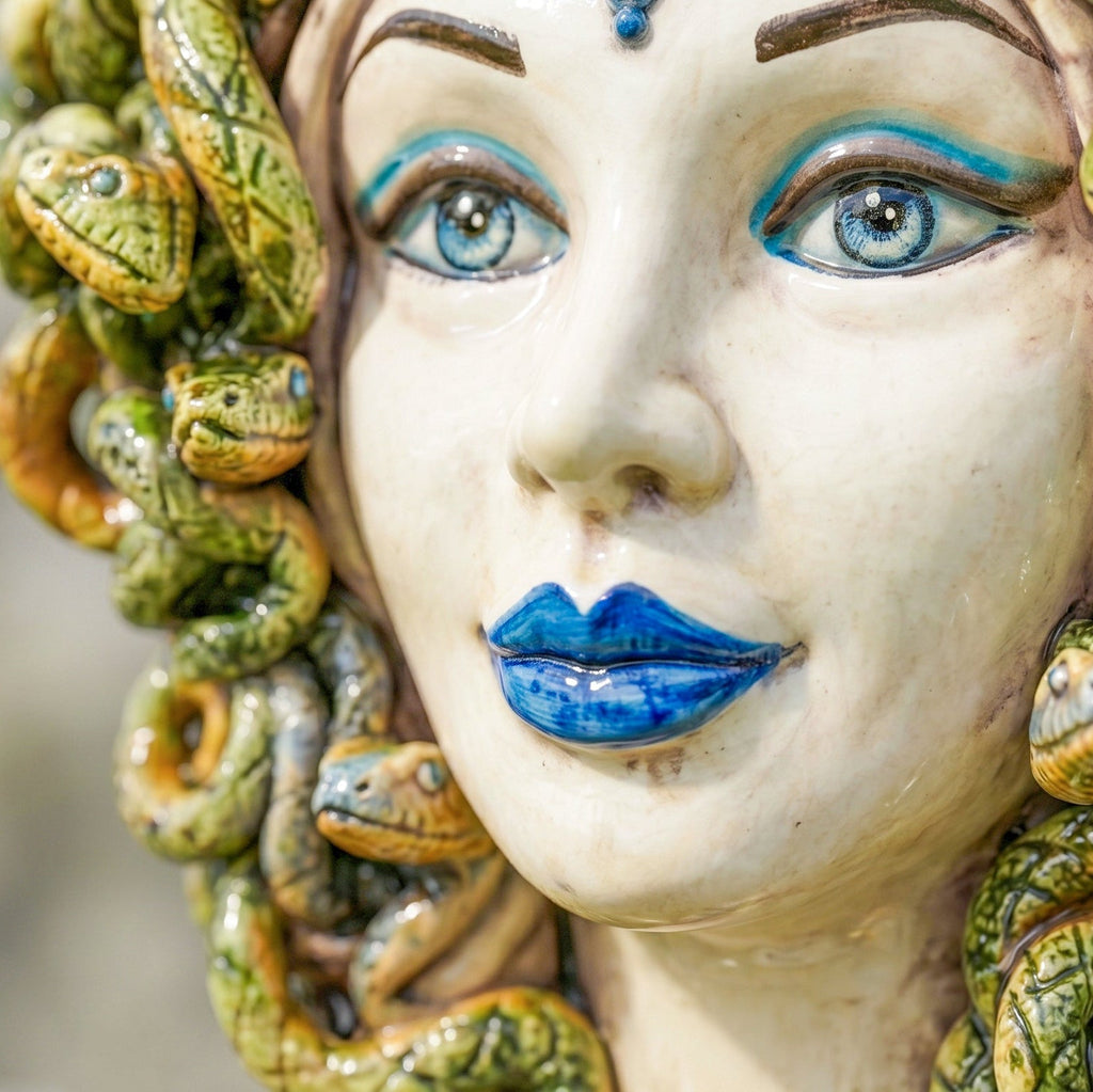 Testa Medusa h 38 cm - Madreperla Antichizzato, Perline Blu | Ceramica Caltagirone