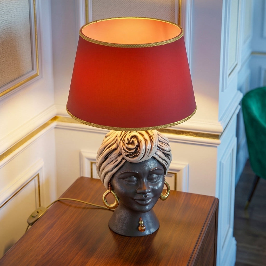 Lume a Testa Sognia h 63 cm (ceramica h 40 cm, Paralume in Tessuto Ø 40 cm) - Madreperla Antichizzato Oro e Lustri, Viso Opaco