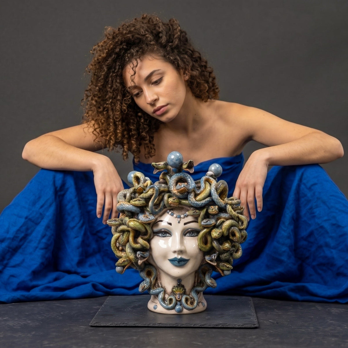 Testa di Moro Medusa h 30 cm / 11¾", Antique Mother of Pearl, Blue Beads | Caltagirone Ceramics