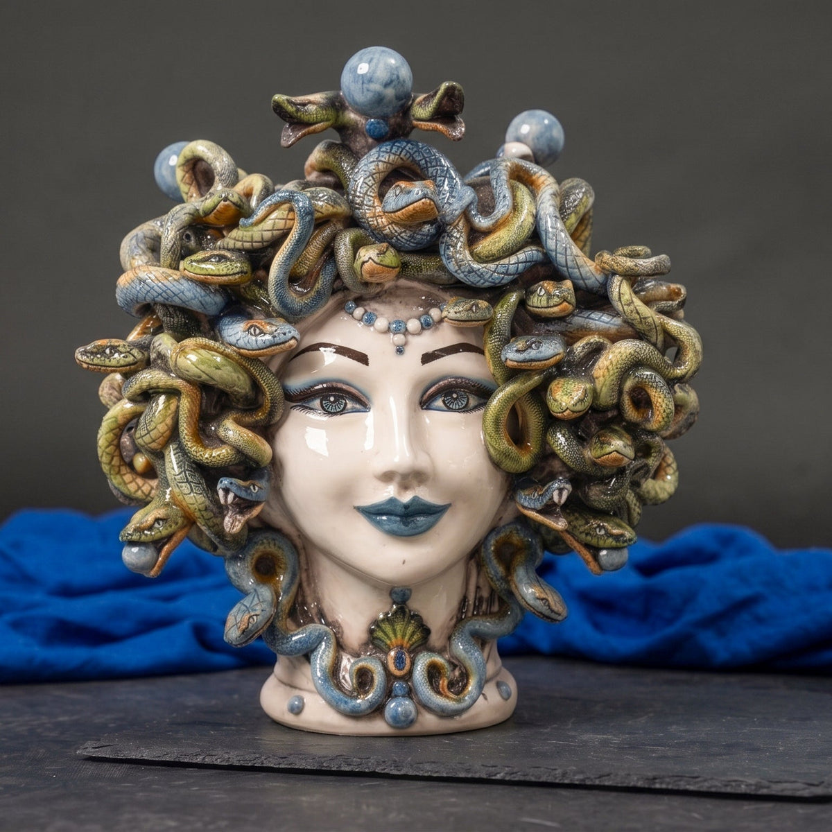 Testa di Moro Medusa h 30 cm / 11¾", Antique Mother of Pearl, Blue Beads | Caltagirone Ceramics