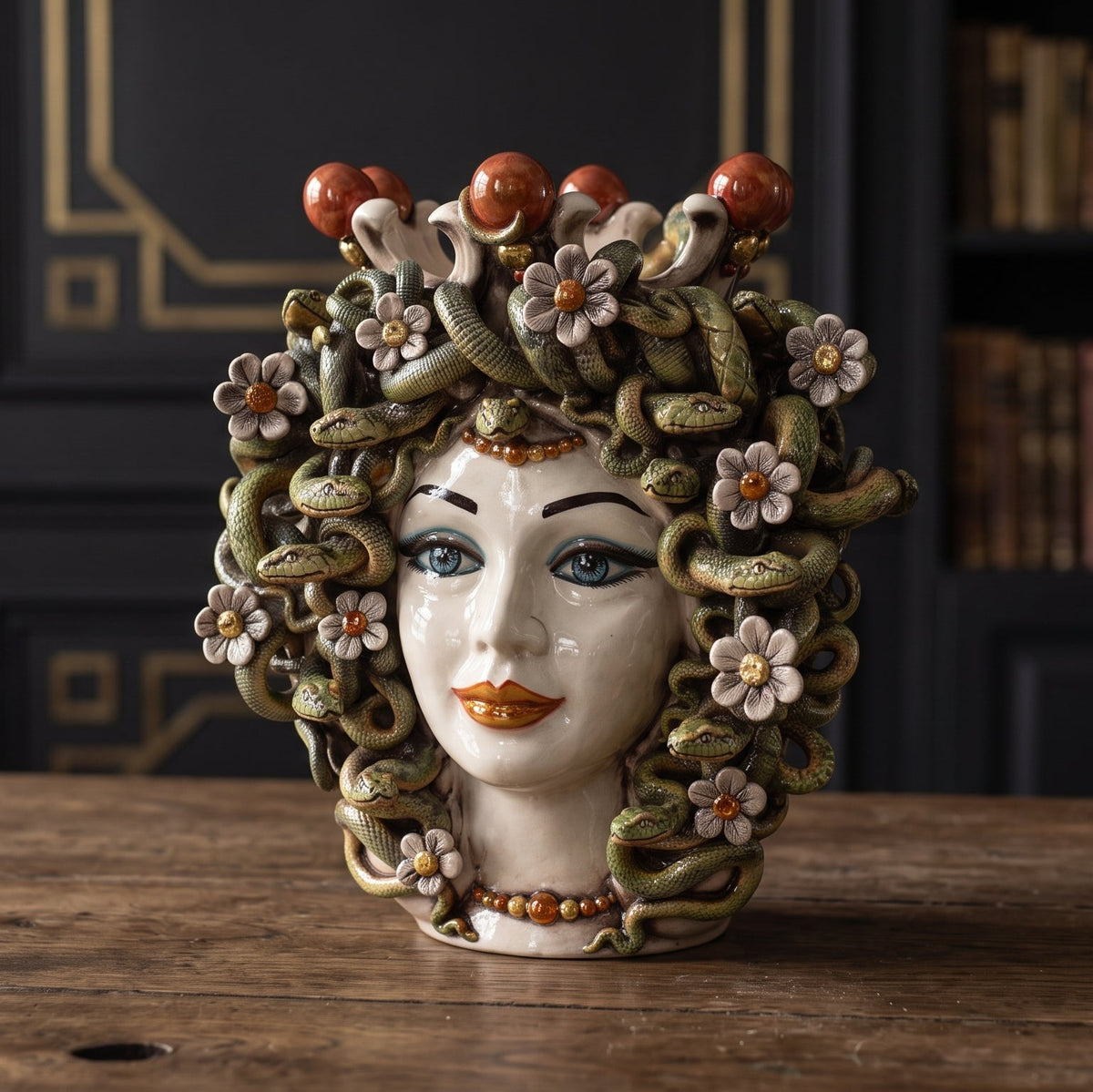 Testa di Moro Medusa with Flowers h 38 cm / 15", Antique Mother of Pearl Gold and Lustre | Caltagirone Ceramics