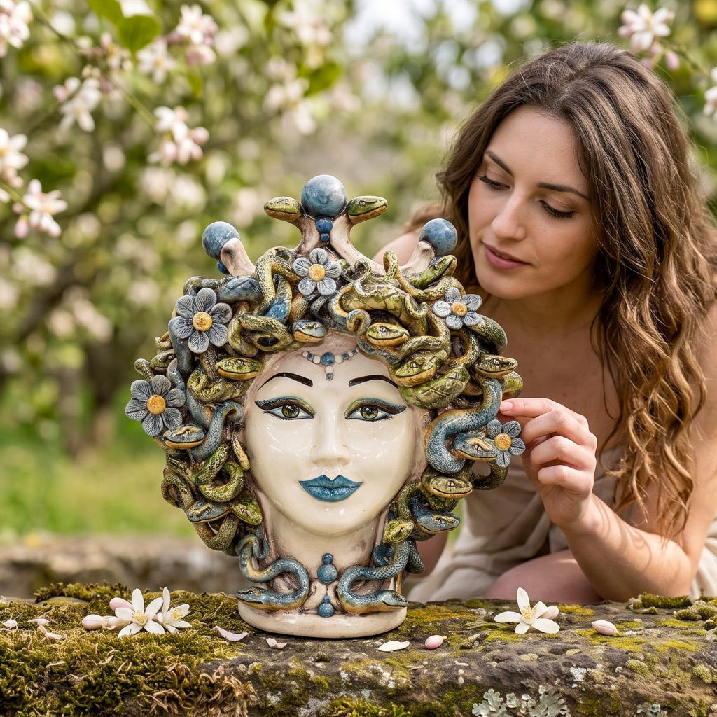 Frau berührt die Schlangen des Medusenkopfs mit Blumen, im Freien zwischen Pfirsichblüten