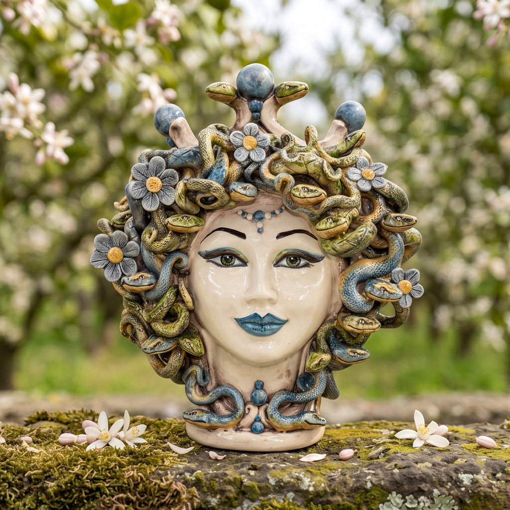 Medusenkopf H 30 cm mit Blumen zwischen den Schlangen und blauen Lippen, farbiges Perlmutt, zwischen blühenden Bäumen