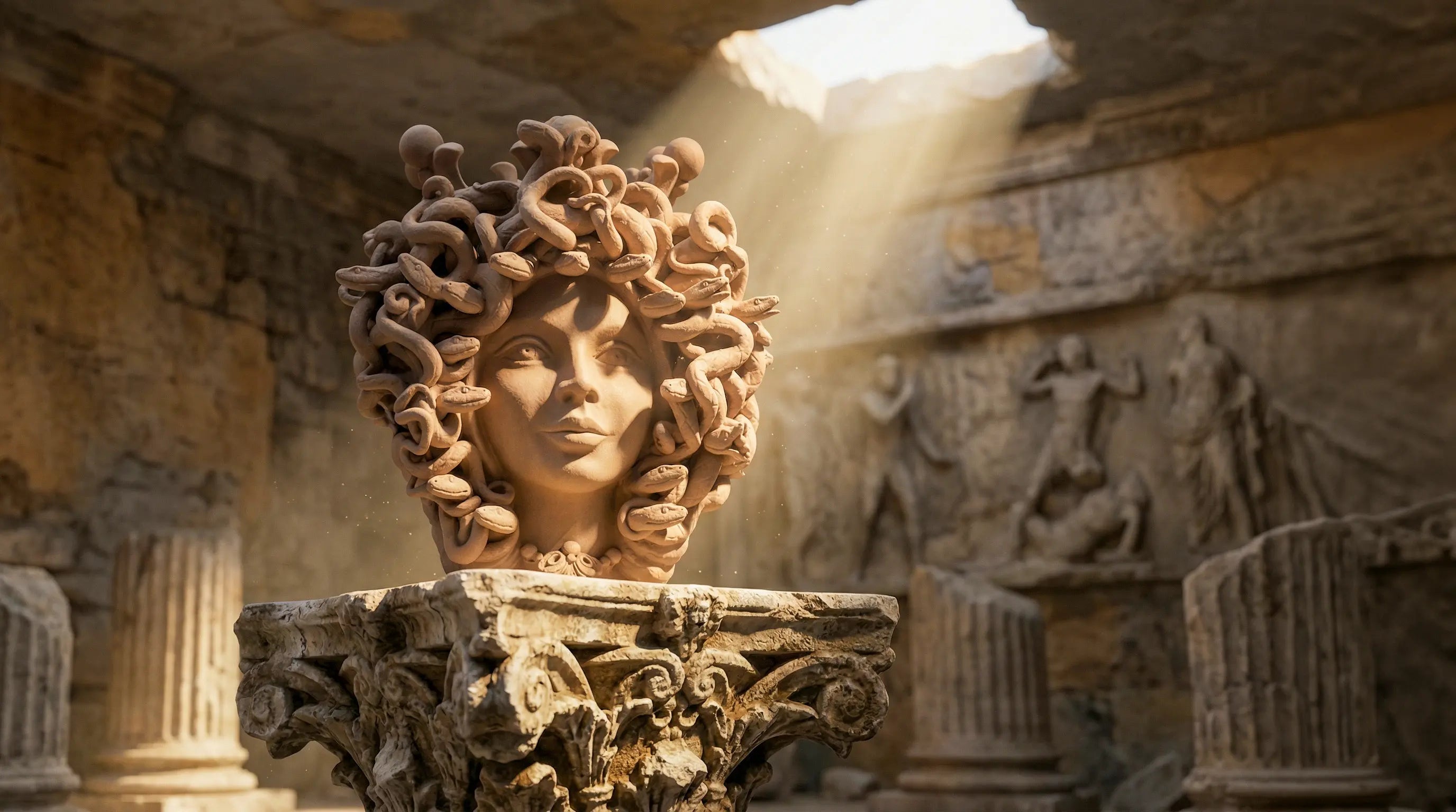 Handcrafted Medusa head sculpture with snake hair, displayed on ornate pedestal in ancient ruins setting