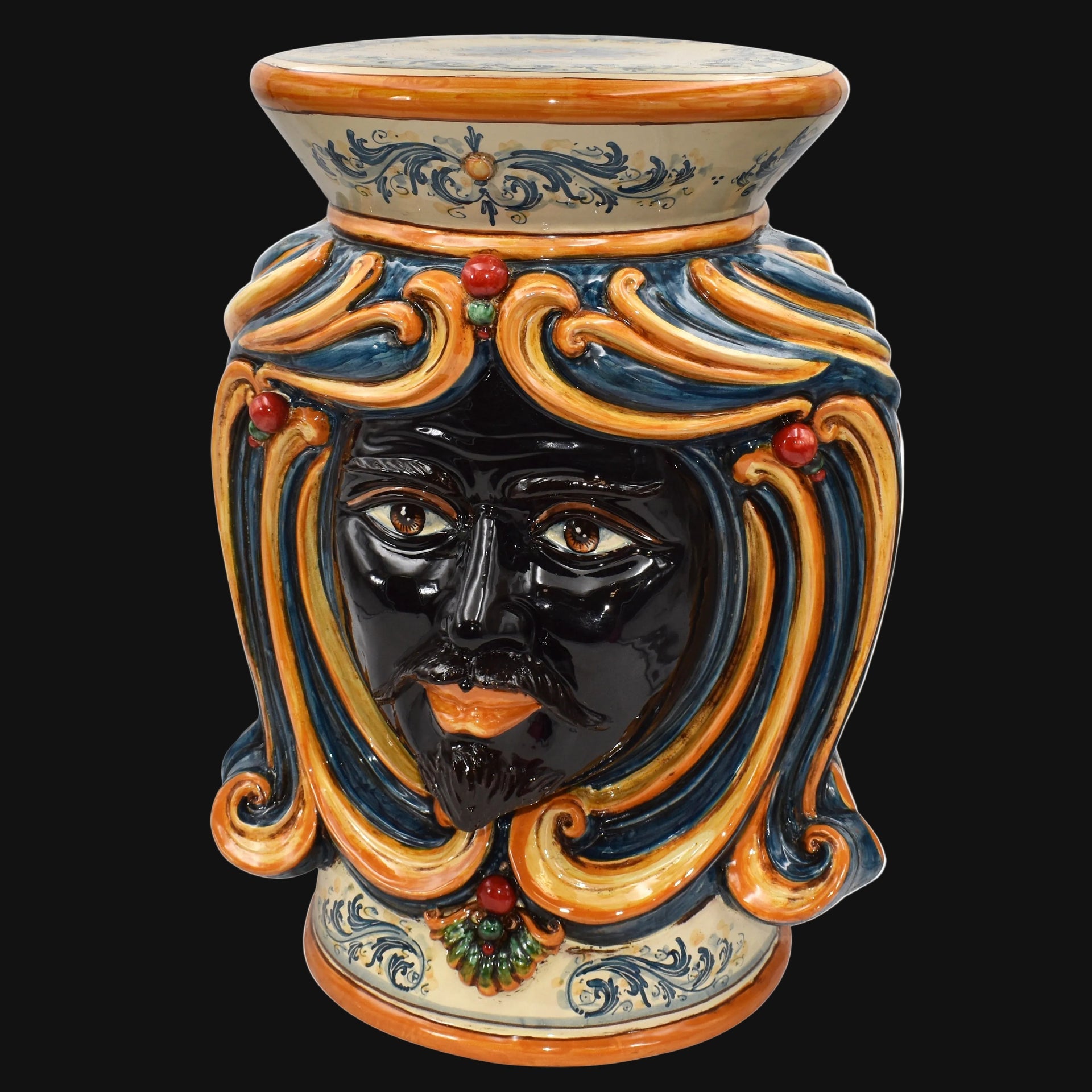 Pouf with Head and seat, h 60 Moorish Boy decoration in blue and orange