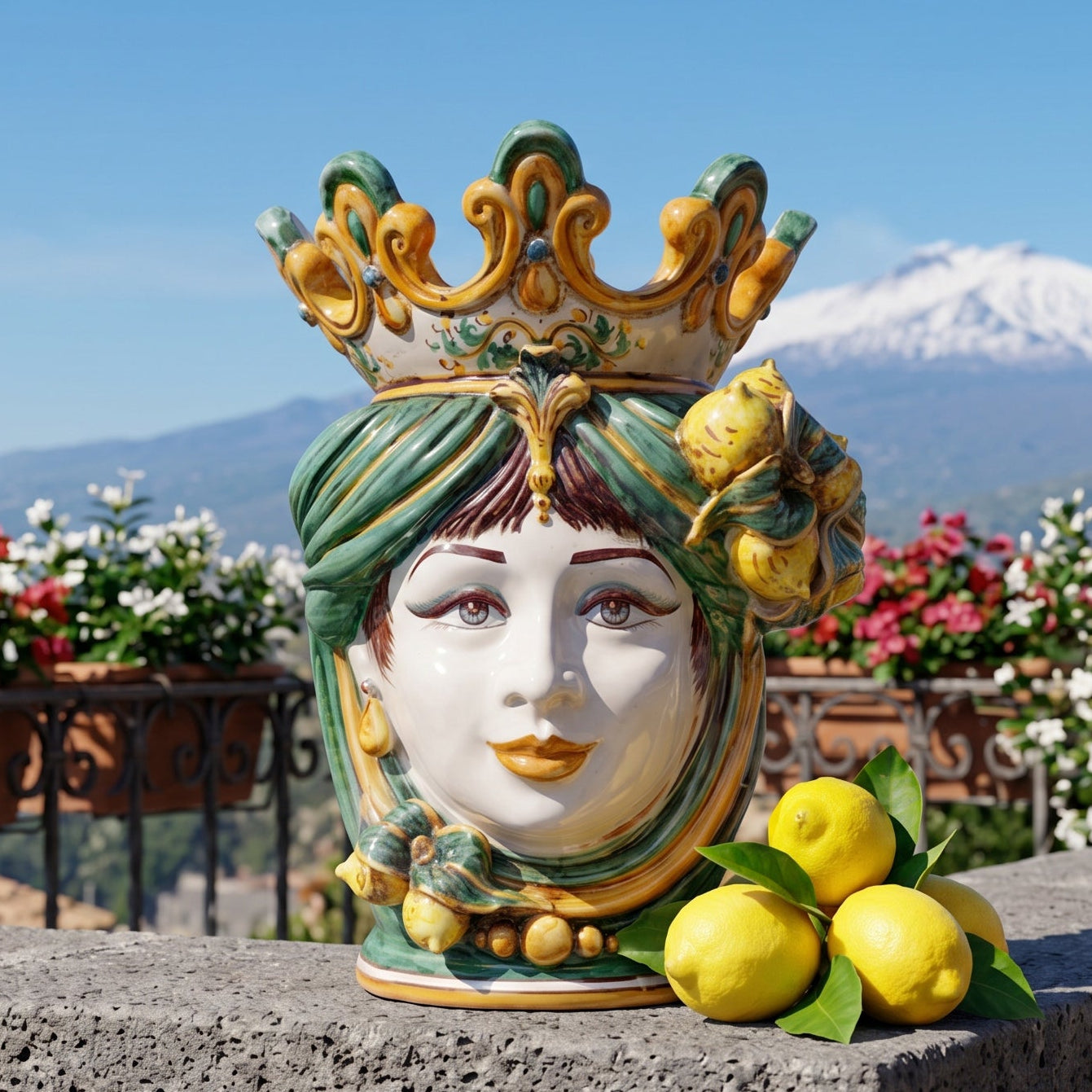 Handmade Sicilian Testa di Moro with crown, lemons, and Mount Etna backdrop, blending tradition and modern design.