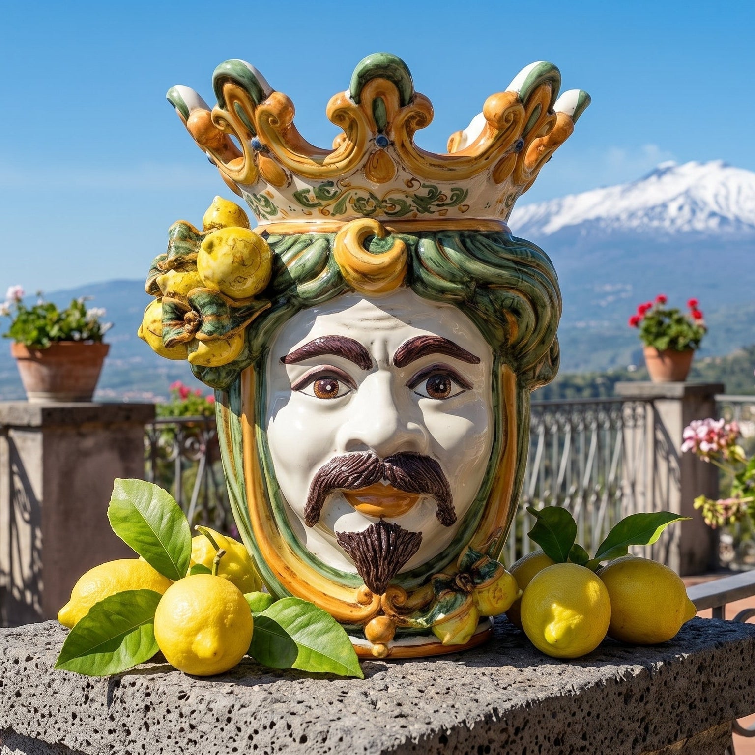 Handcrafted Teste di Moro ceramic vase with crown, lemons, and Mount Etna backdrop, blending tradition and modern design.