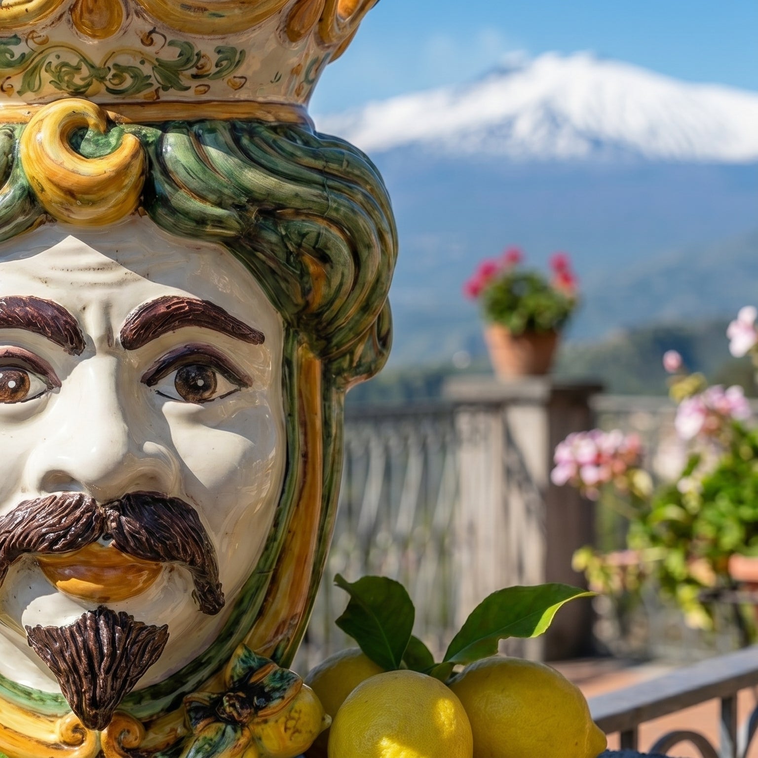 Handcrafted Teste di Moro ceramic with vibrant colors, set against Mount Etna, surrounded by fresh lemons and flowers.