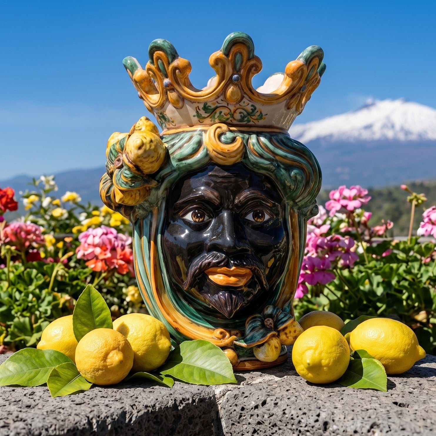 Handmade Teste di Moro ceramic vase with crown, lemons, and flowers against Mount Etna backdrop