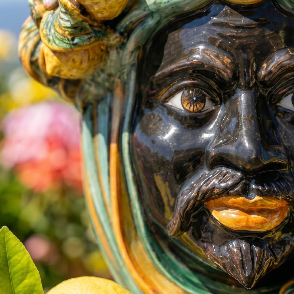 Handmade Teste di Moro ceramic face with vibrant glaze, lemon accents, and garden backdrop