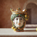 Handmade Teste di Moro ceramic vase with crown, lemons, and green hair, perfect for modern or traditional decor.