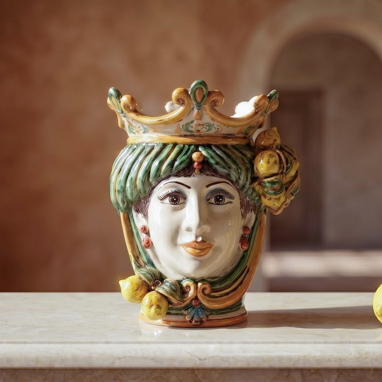 Handmade Teste di Moro ceramic vase with crown, lemons, and green hair, perfect for modern or traditional decor.