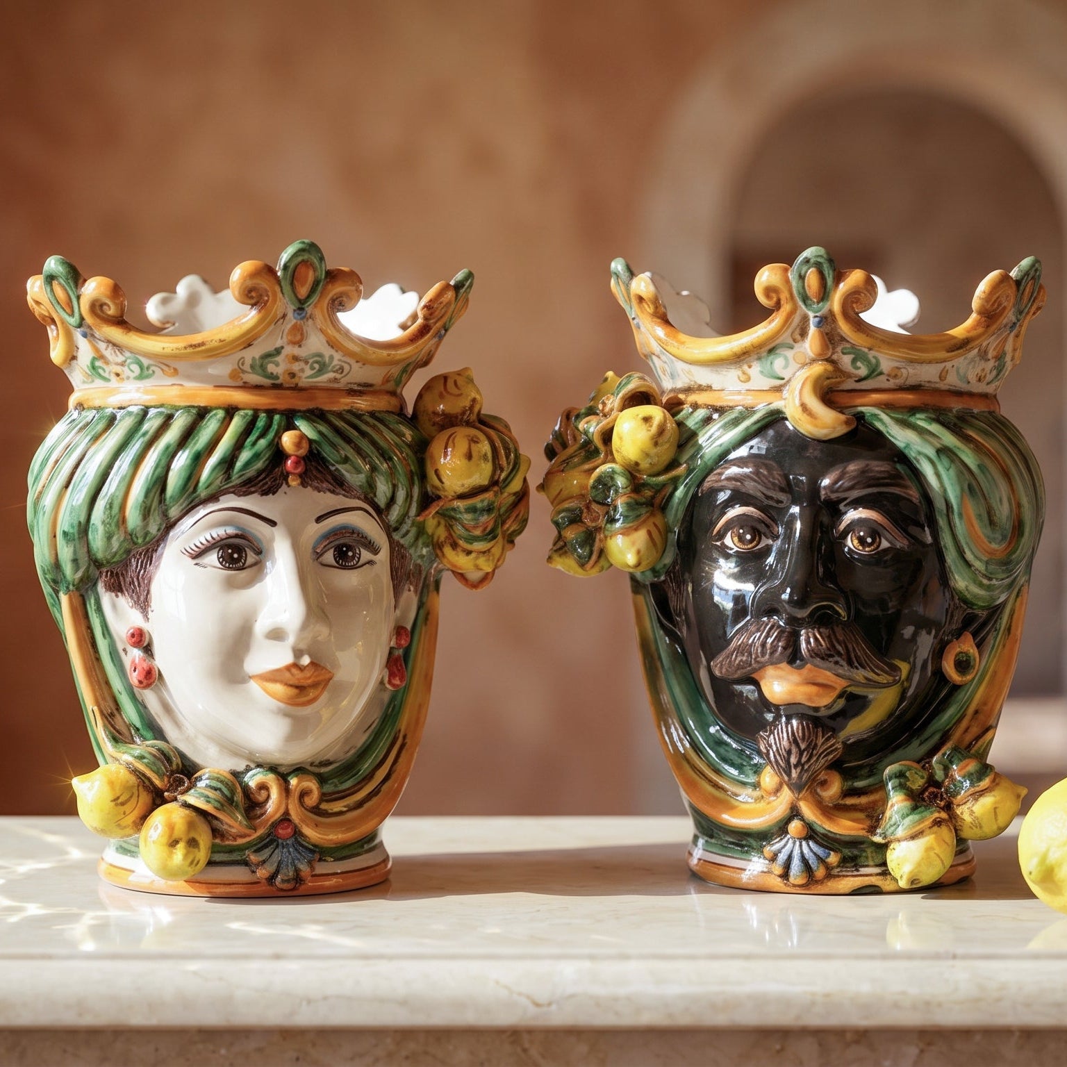 Handcrafted Teste di Moro ceramic vases with crowned faces, vibrant colors, and lemon accents for home decor