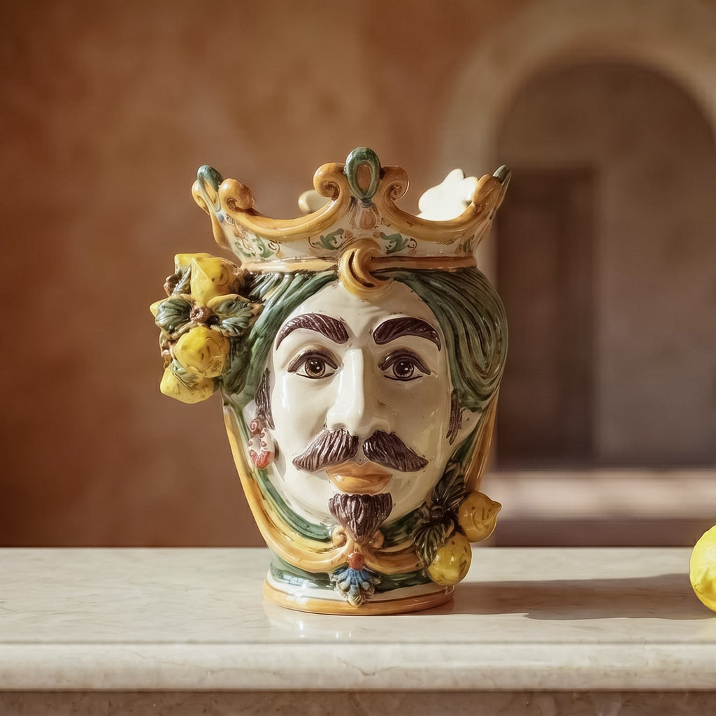 Handmade Teste di Moro ceramic vase with crown, lemons, and mustache, blending tradition and modern design.