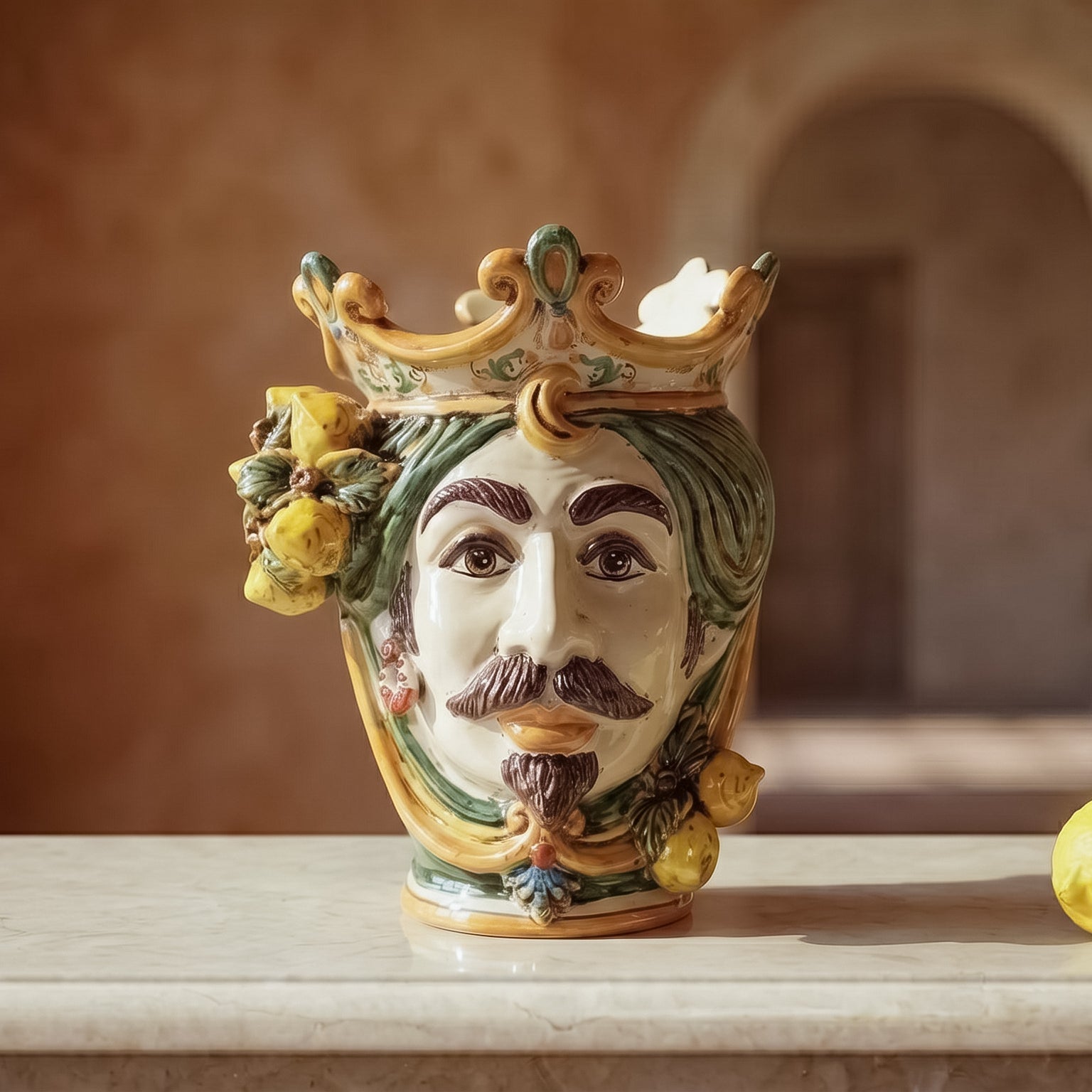 Handmade Teste di Moro ceramic vase with crown, lemons, and mustache, blending tradition and modern design.