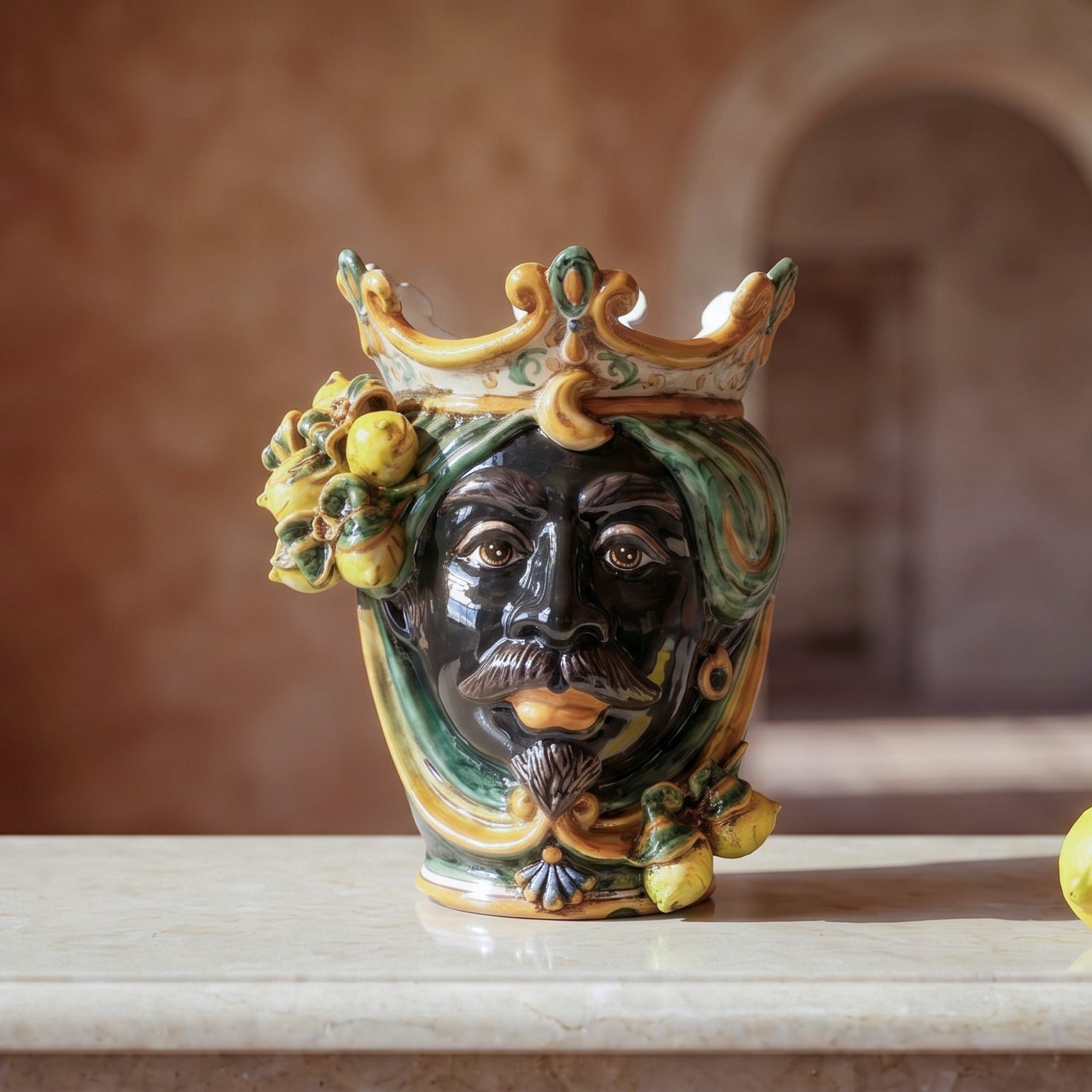 Handmade Teste di Moro vase with crown, lemons, and green swirls, blending tradition and modern design