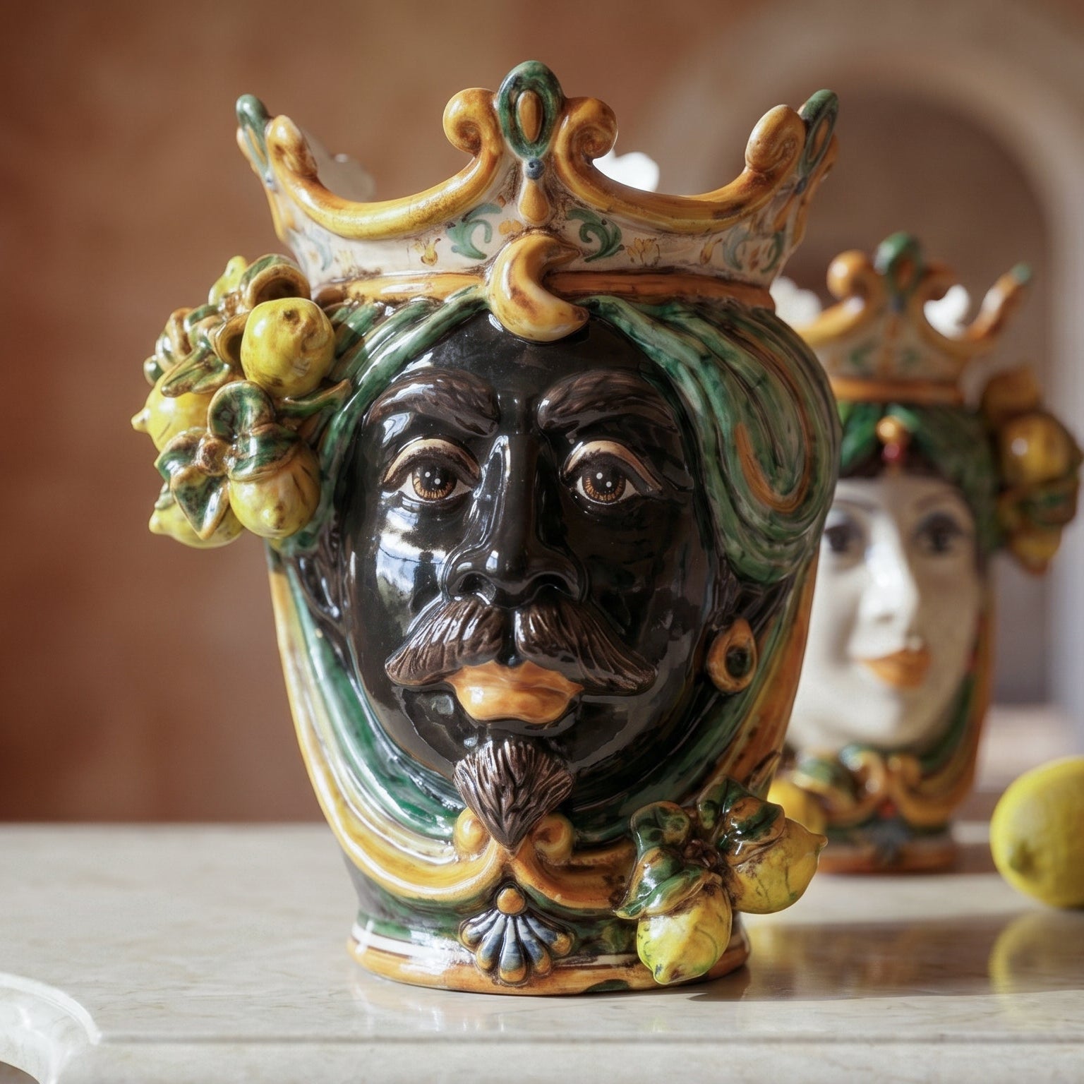 Handmade Teste di Moro ceramic vase with crown, lemons, and green swirls, traditional Sicilian decor