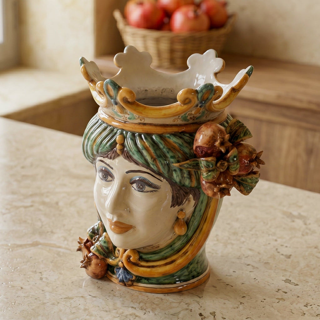 Testa di Moro con Melograni, Donna, Verde e Arancio, corona. Ceramiche Sofia, Caltagirone