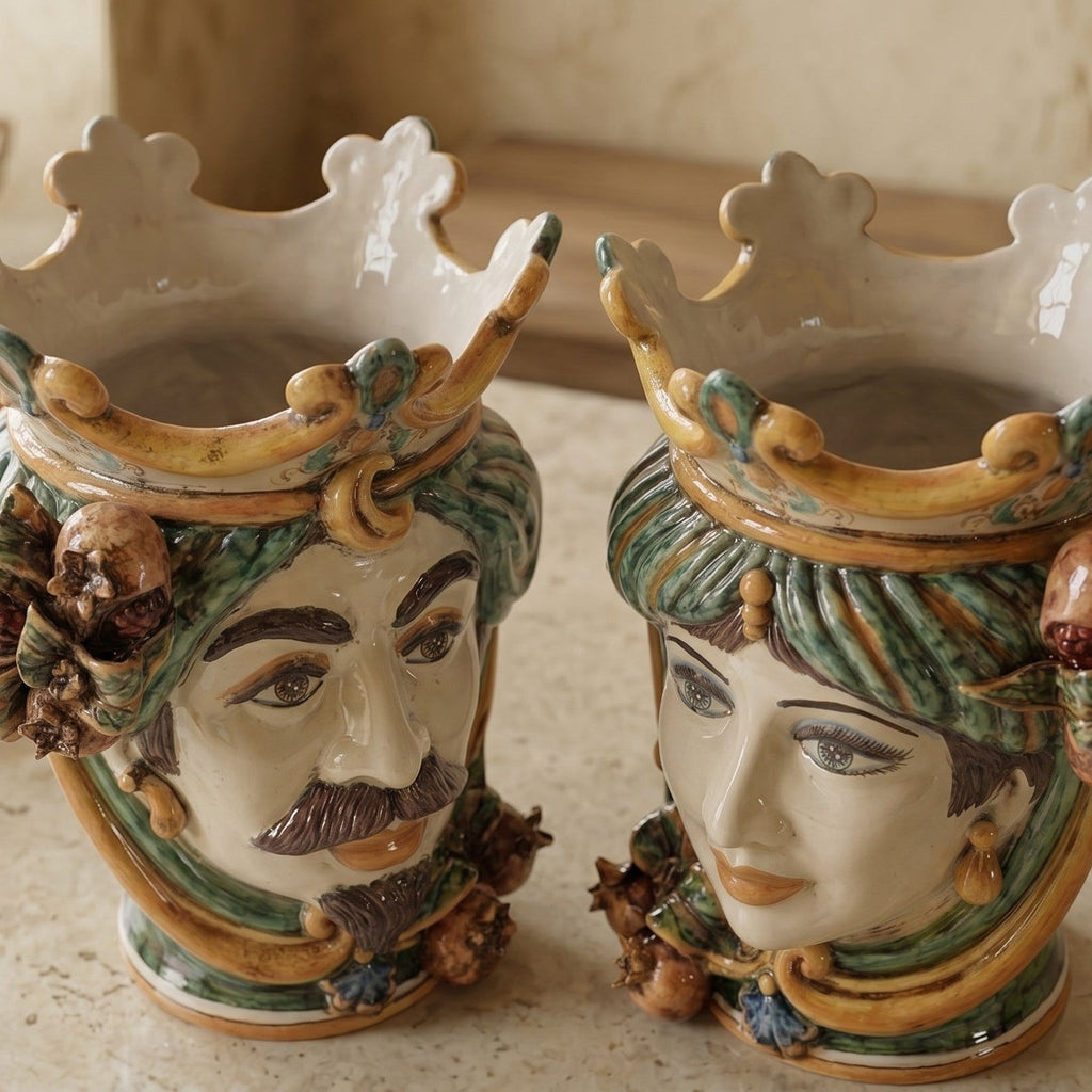 Testa di Moro con Melograni, Maschio Bianco, Verde e Arancio, corona. Ceramiche Sofia, Caltagirone