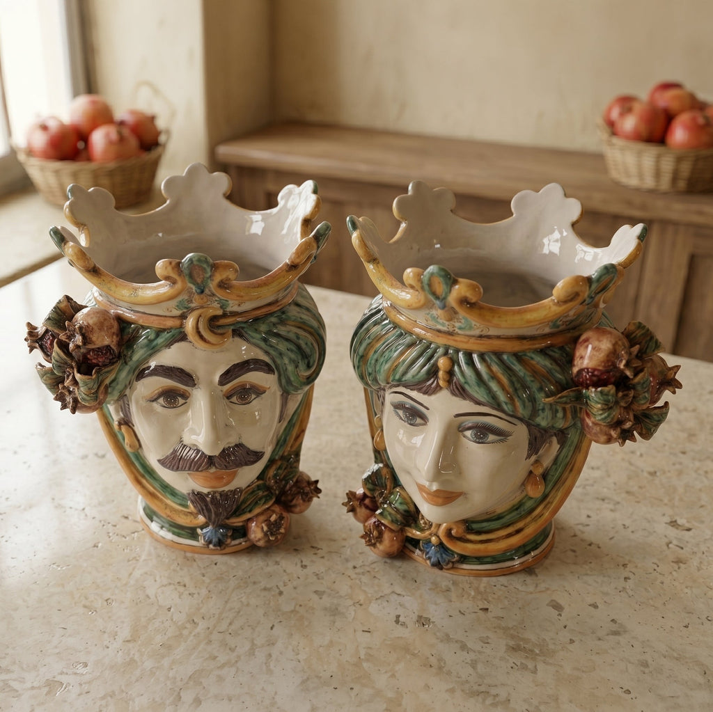 Testa di Moro con Melograni, Maschio Bianco, Verde e Arancio, corona. Ceramiche Sofia, Caltagirone