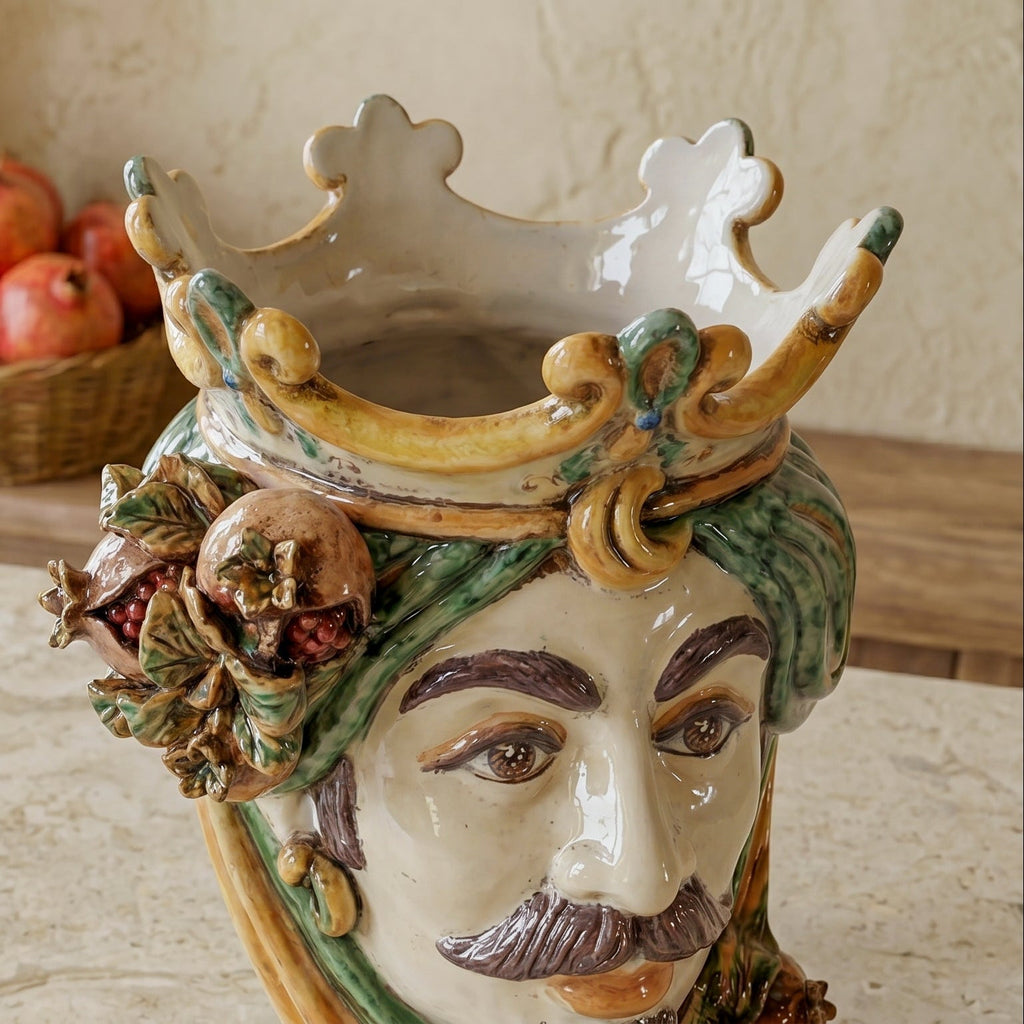 Testa di Moro con Melograni, Maschio Bianco, Verde e Arancio, corona. Ceramiche Sofia, Caltagirone