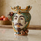 Testa di Moro con Melograni, Maschio Bianco, Verde e Arancio, corona. Ceramiche Sofia, Caltagirone