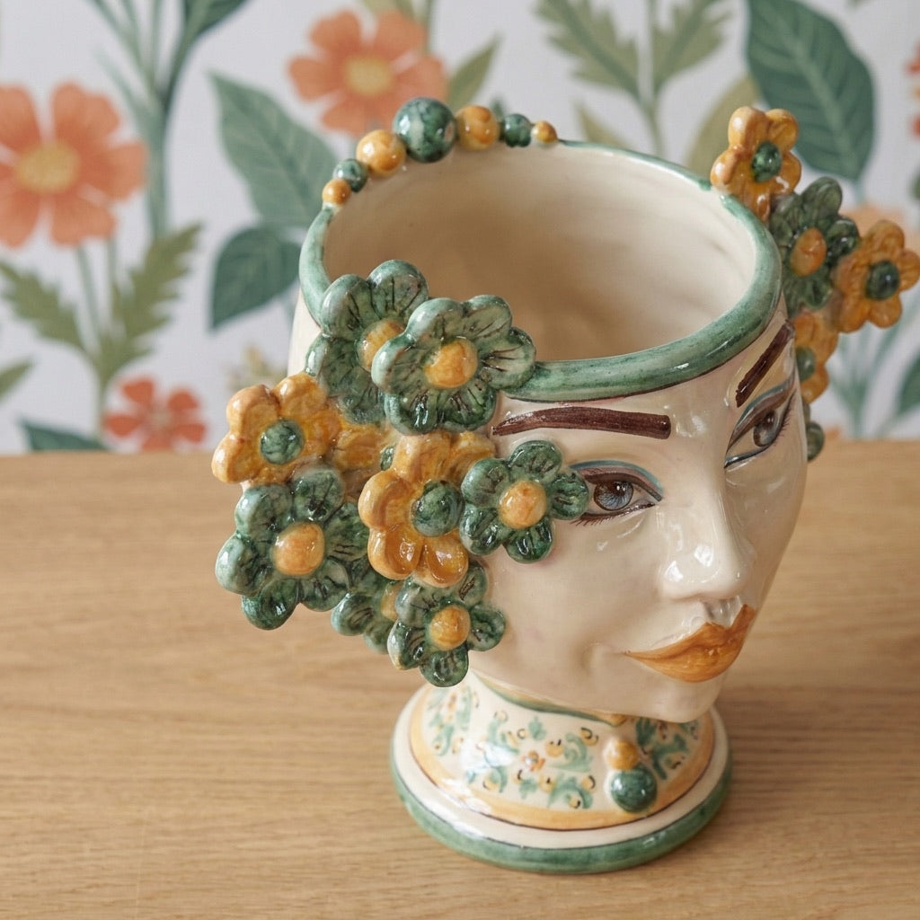 Handmade ceramic Teste di Moro vase with floral crown, traditional Sicilian design for home decor