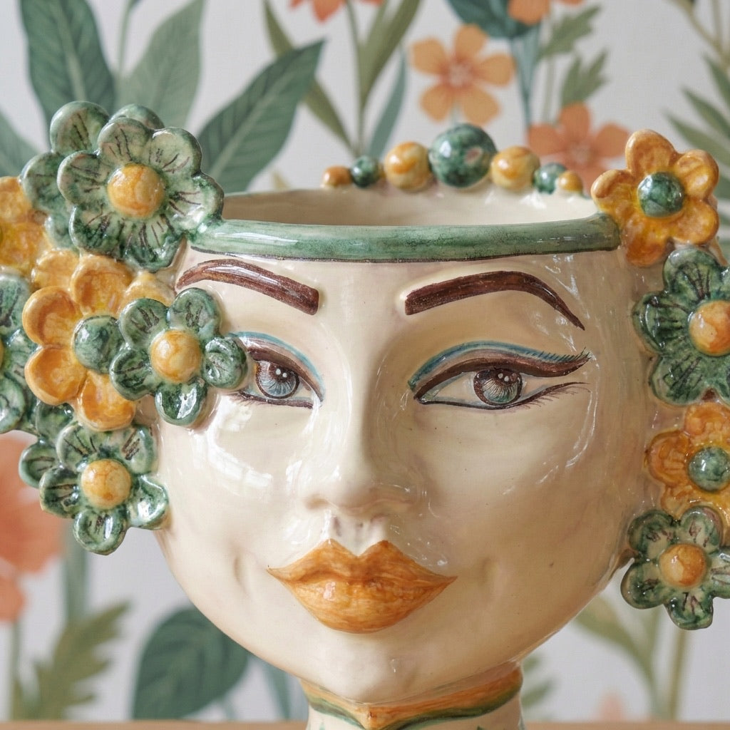 Handmade ceramic Testa di Moro planter with floral crown, traditional Sicilian design for home decor