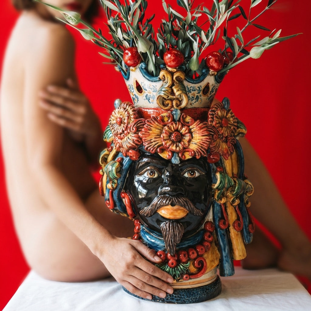 Handcrafted Teste di Moro vase with floral crown, vibrant colors, and olive branches, blending tradition and modern design.