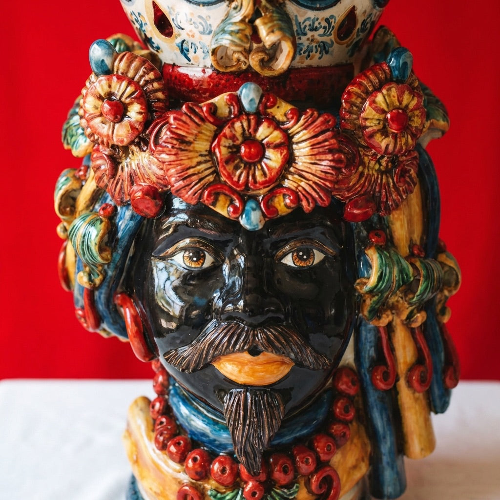 Handcrafted Teste di Moro ceramic vase with vibrant floral crown and bold colors, traditional Sicilian design