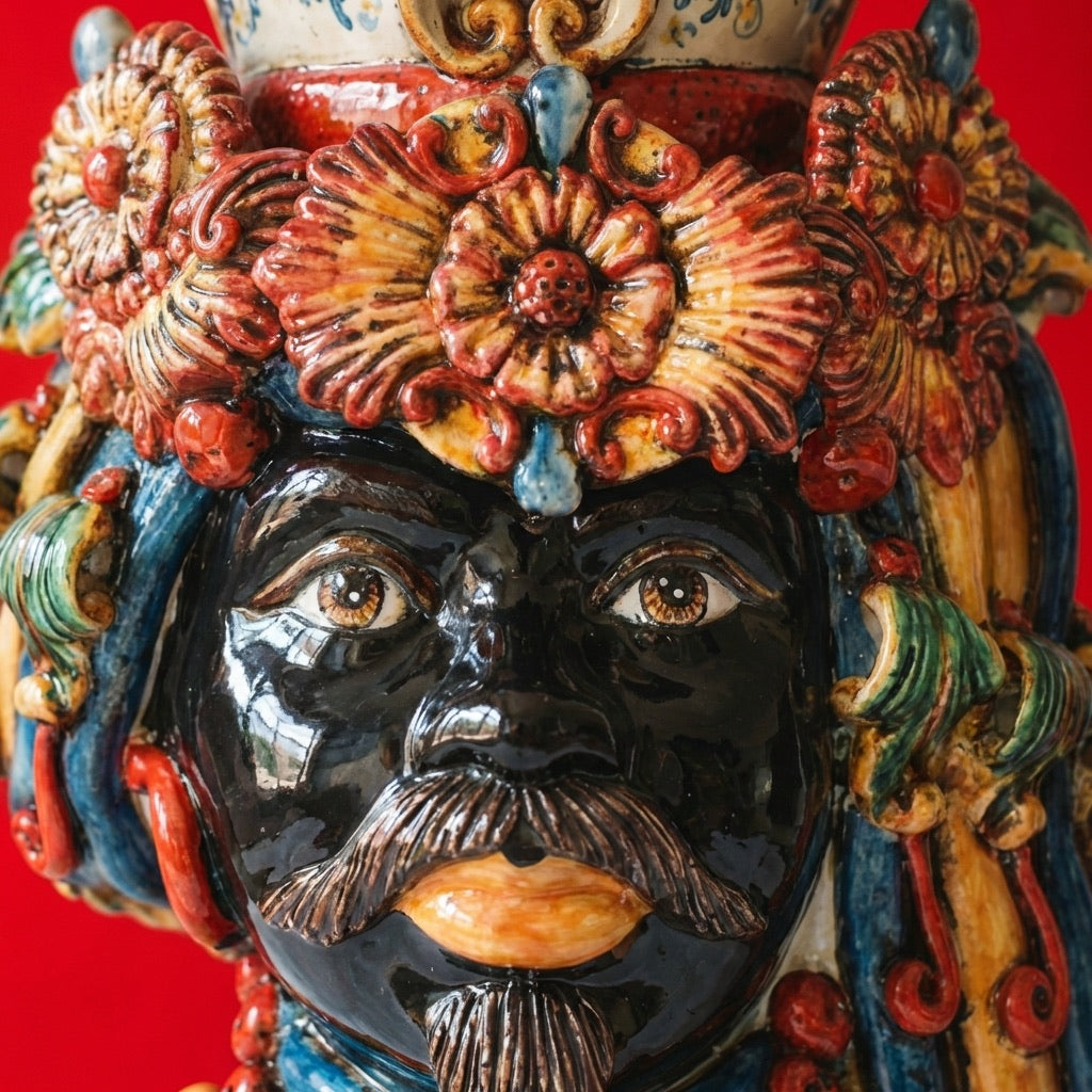 Handcrafted Teste di Moro ceramic vase with vibrant floral crown and detailed facial features, blending tradition and modern design.