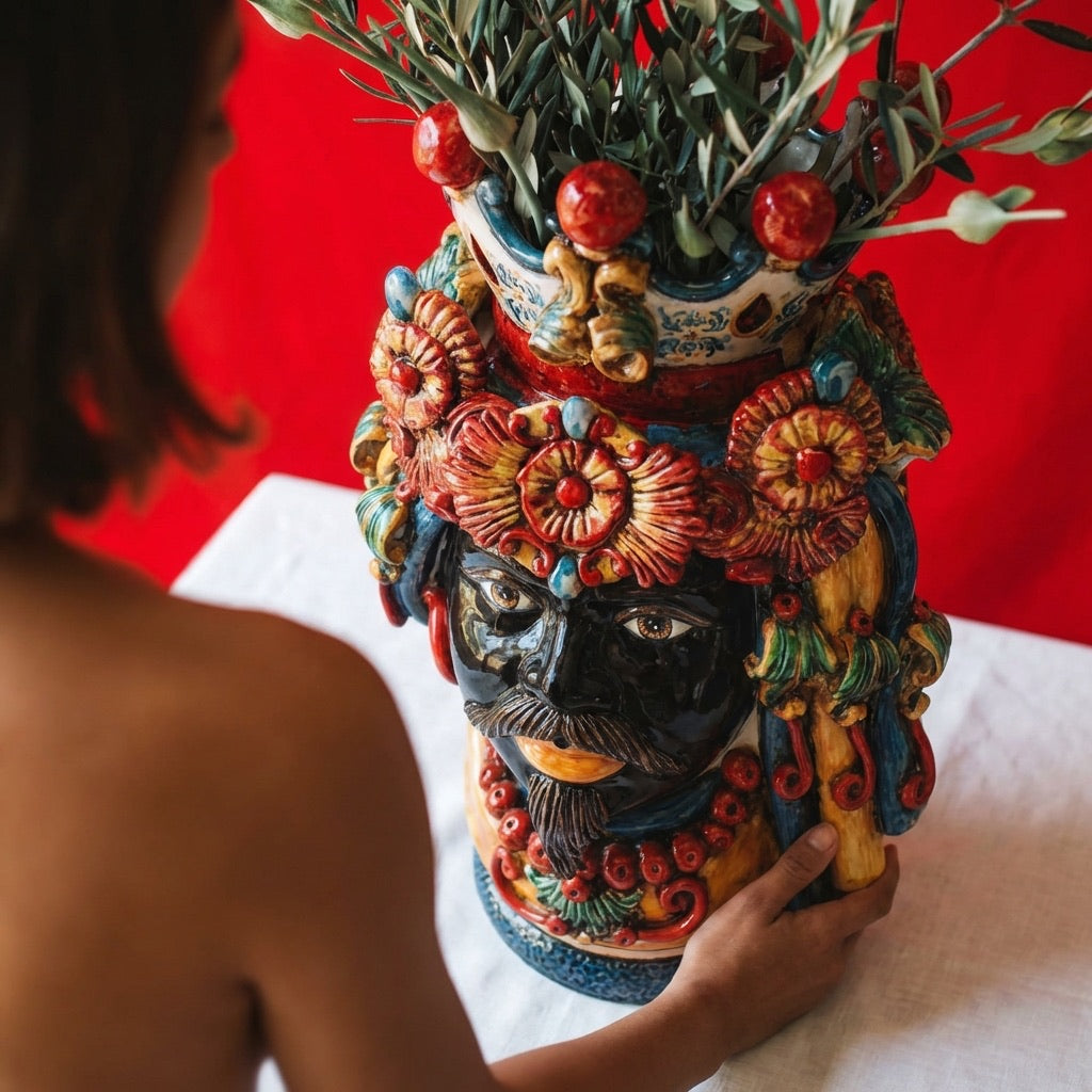 Handcrafted Teste di Moro vase with vibrant floral crown, holding olive branches, showcasing Sicilian ceramic artistry