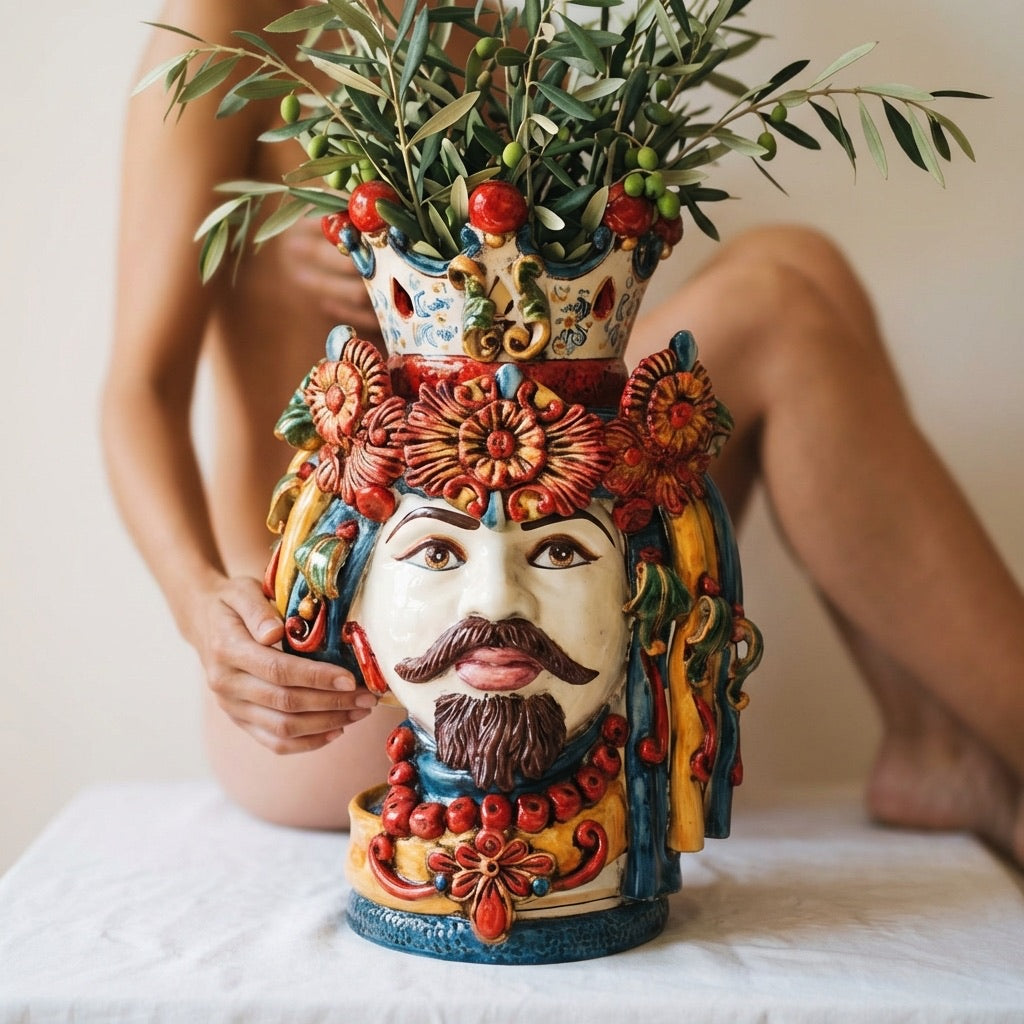 Hand-painted Moorish head vase with floral crown, holding olive branches, traditional Sicilian ceramic decor