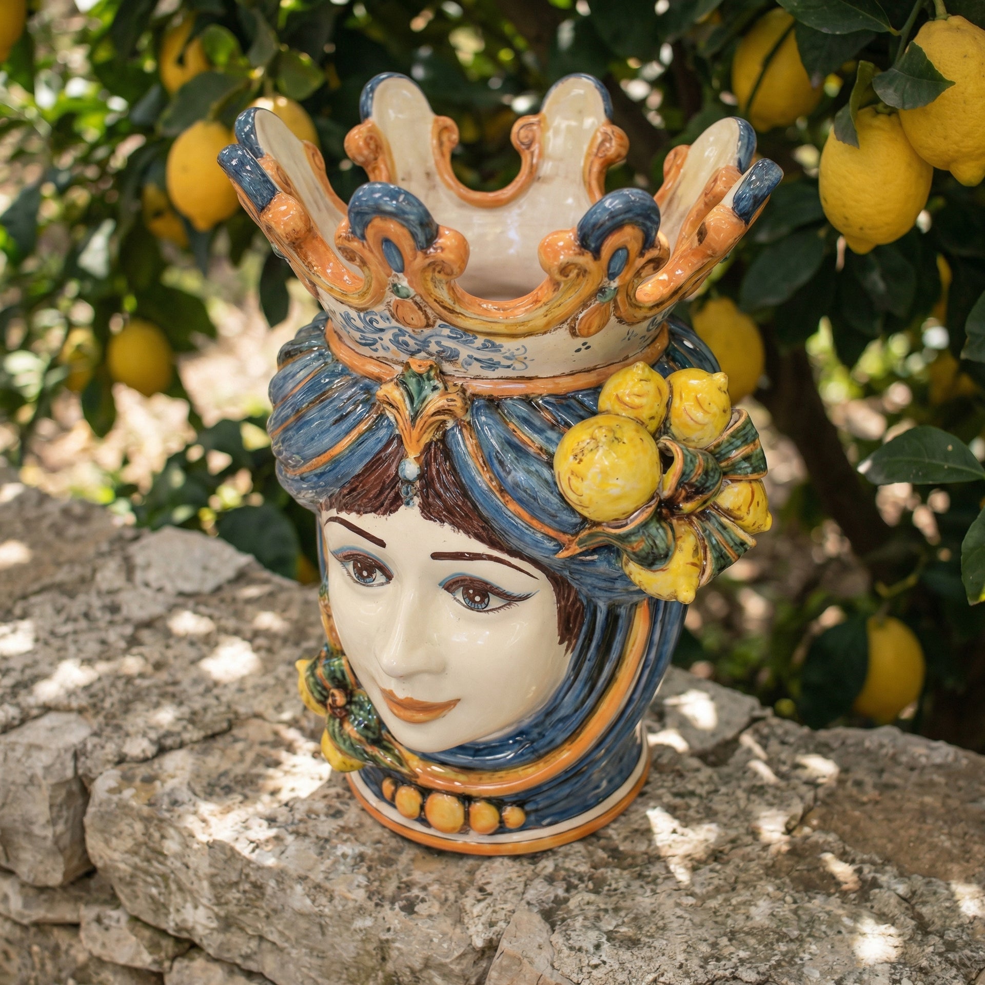 Handmade Sicilian Testa di Moro vase with lemon accents, blue and orange glaze, set outdoors near lemon tree