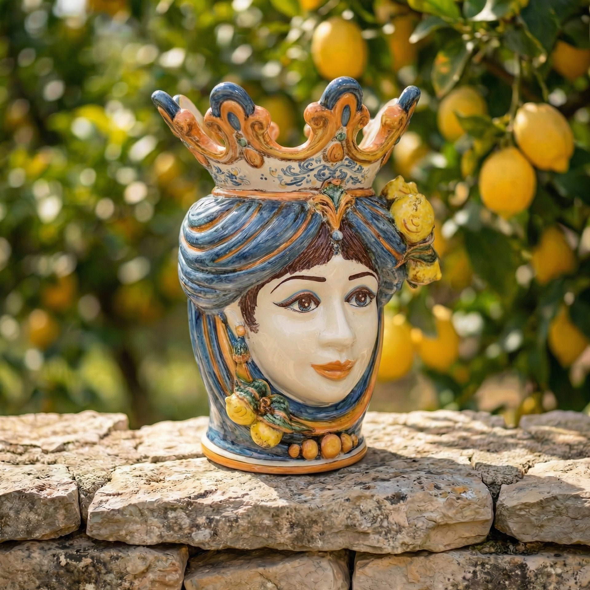 Handcrafted Sicilian Testa di Moro ceramic vase with crown, lemon accents, set outdoors on stone wall