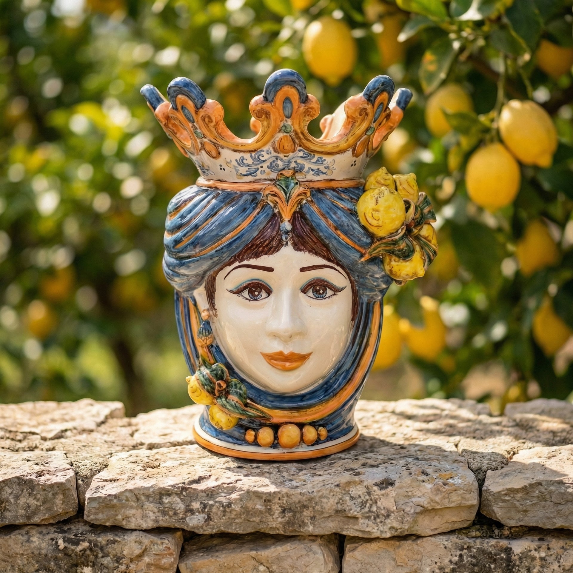 Hand-painted Sicilian Testa di Moro with crown and lemons, traditional ceramic decor on stone wall
