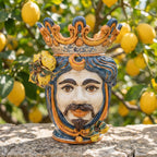 Handcrafted Teste di Moro ceramic vase with crown and lemons, traditional Sicilian decor for home or garden