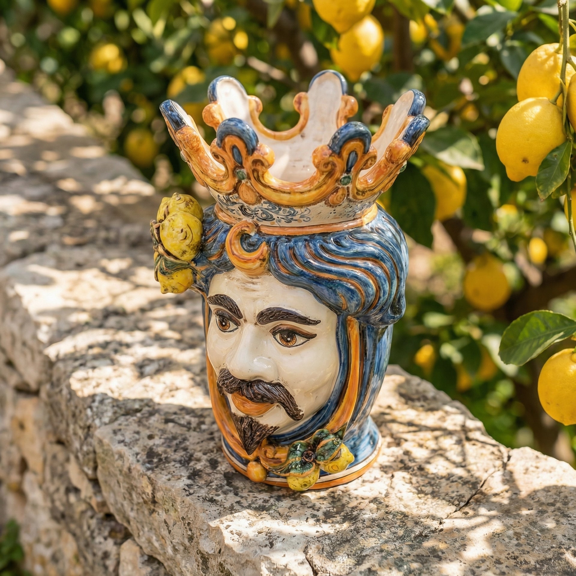Handmade Teste di Moro ceramic vase with crown, lemon accents, on stone wall near lemon tree