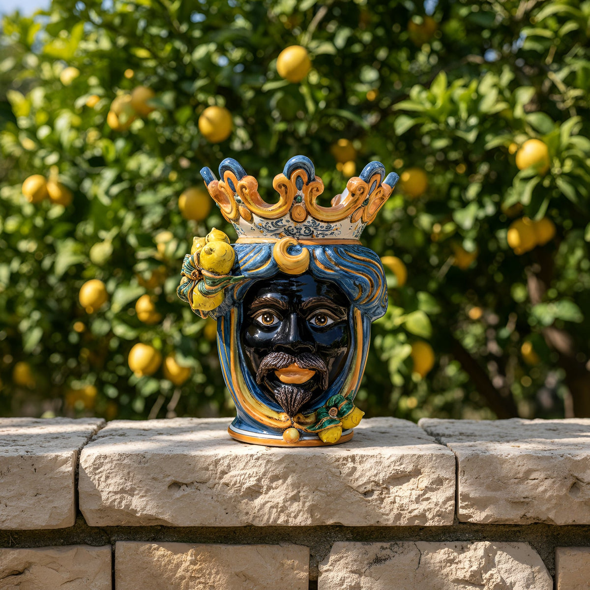 Testa di Moro con Limoni, Maschio Moro, Blu e Arancio. Ceramica siciliana di Caltagirone, Sofia
