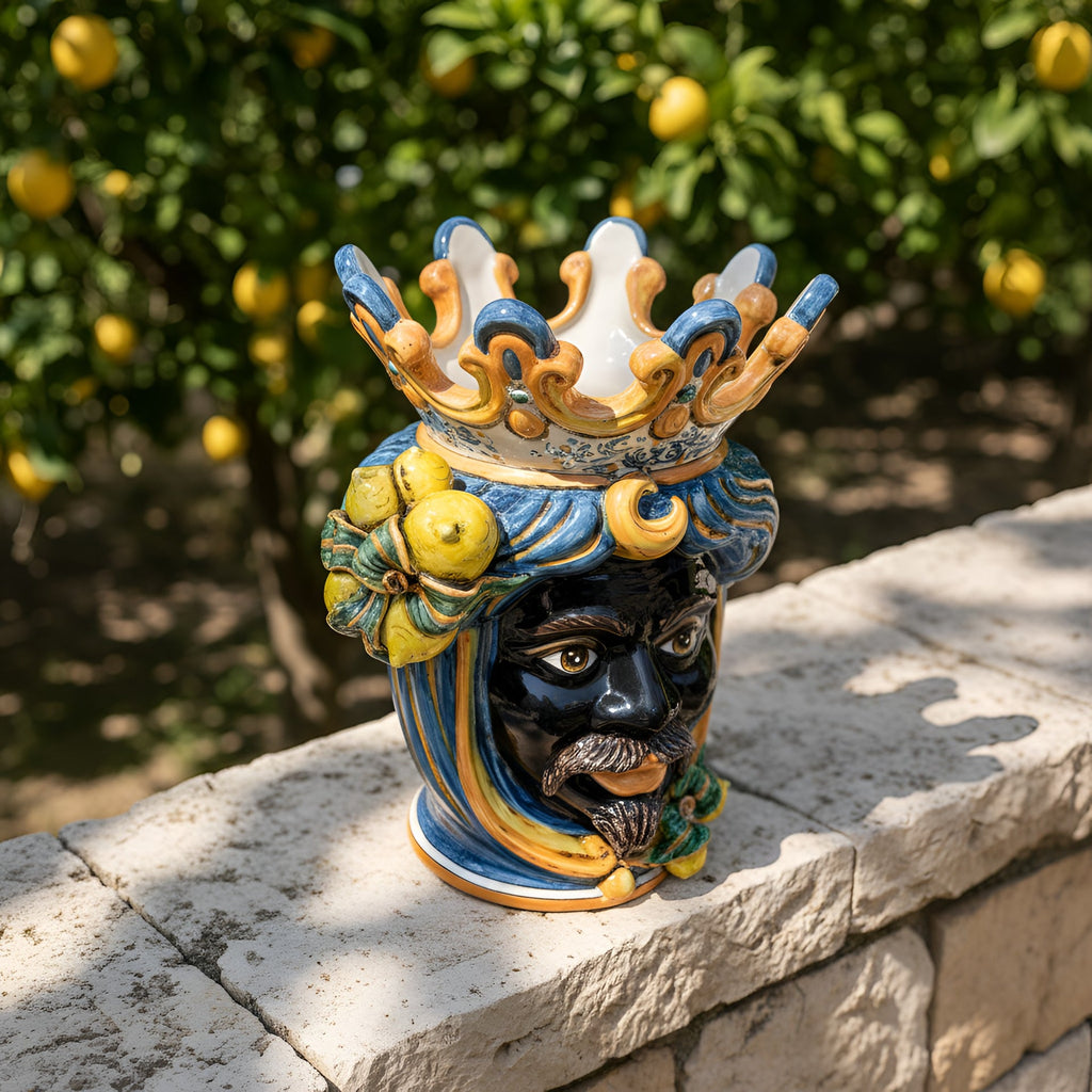 Handcrafted Teste di Moro ceramic vase with crown and lemons, outdoor Sicilian decor