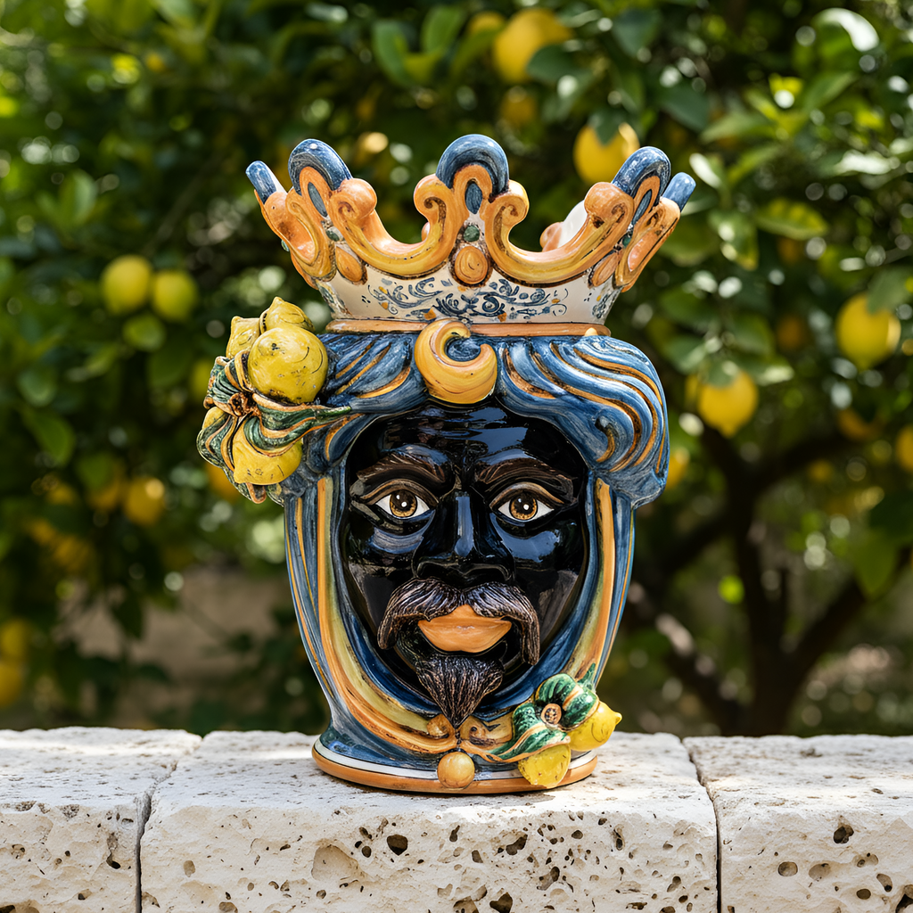 Handcrafted Teste di Moro ceramic with crown, lemons, and blue swirls, set outdoors on stone